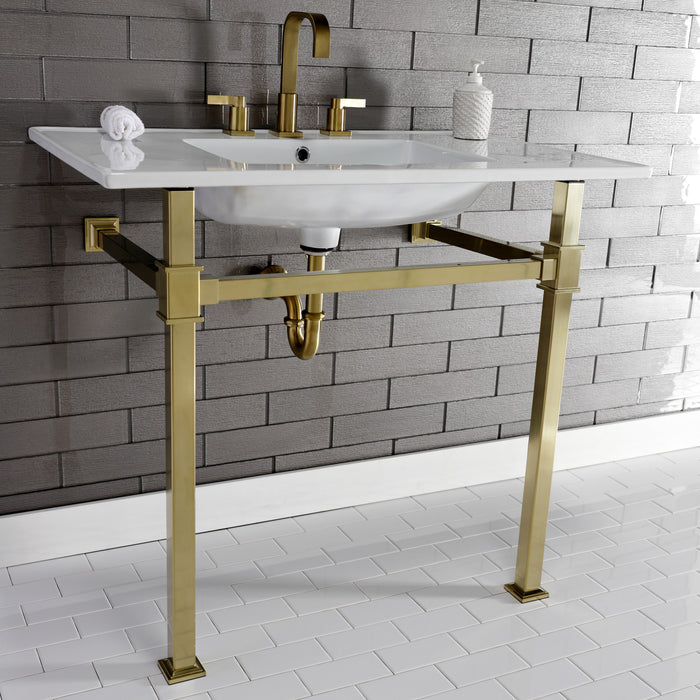 Kingston Sona KVPB37228Q7 - Monarch 37-Inch Ceramic Console Sink with Stainless Steel Legs (8-Inch, 3-Hole), White/Brushed Brass