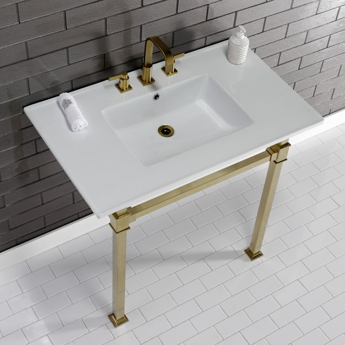 Kingston Sona KVPB37228Q7 - Monarch 37-Inch Ceramic Console Sink with Stainless Steel Legs (8-Inch, 3-Hole), White/Brushed Brass