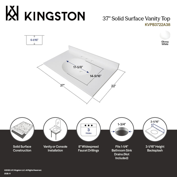 Wimbeldon KVPB3722A38 37-Inch Solid Surface Vanity Top (8" Faucet Drillings), Glossy White