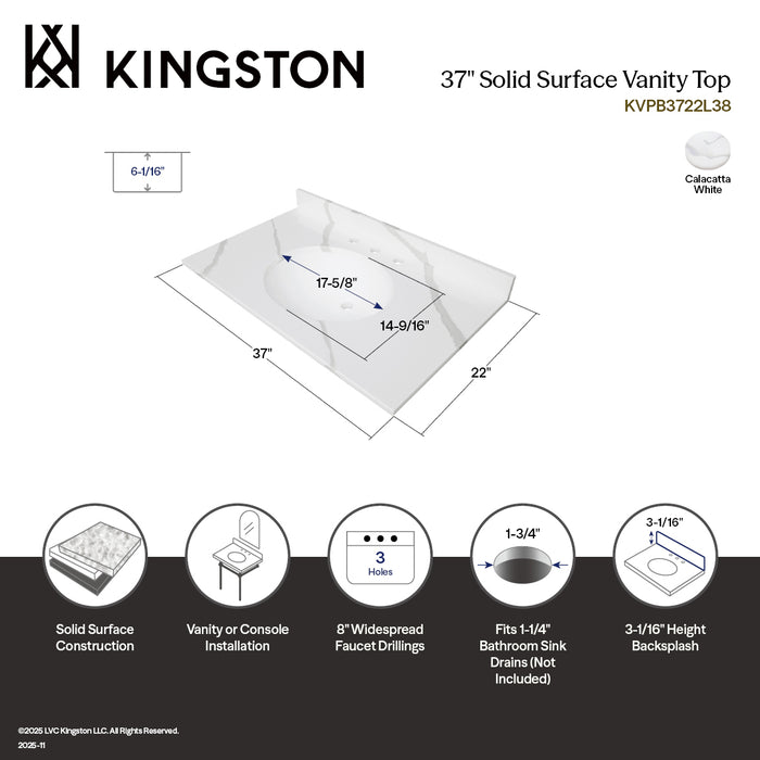 Norbiton KVPB3722L38 37-Inch Solid Surface Vanity Top (8" Faucet Drillings), Calacatta Marble Glossy White