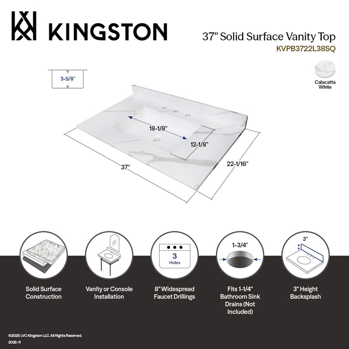 Montesquieu KVPB3722L38SQ 37-Inch Solid Surface Vanity Top (8" Faucet Drillings), Calacatta Marble White/Glossy