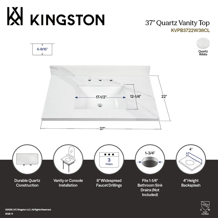 Kingston Mayorca KVPB3722W38CL 37-Inch Quartz Vanity Top (8" Faucet Drillings), Quartz White