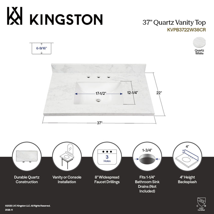 Kingston Ferrara KVPB3722W38CR 37-Inch Quartz Vanity Top (8" Faucet Drillings), Quartz White