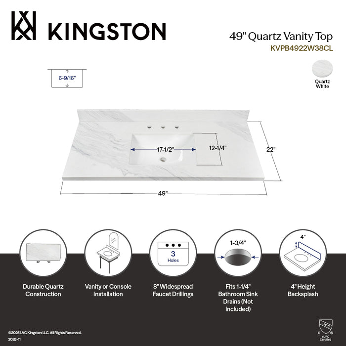 Kingston Mayorca KVPB4922W38CL 49-Inch Quartz Vanity Top (8" Faucet Drillings), Quartz White