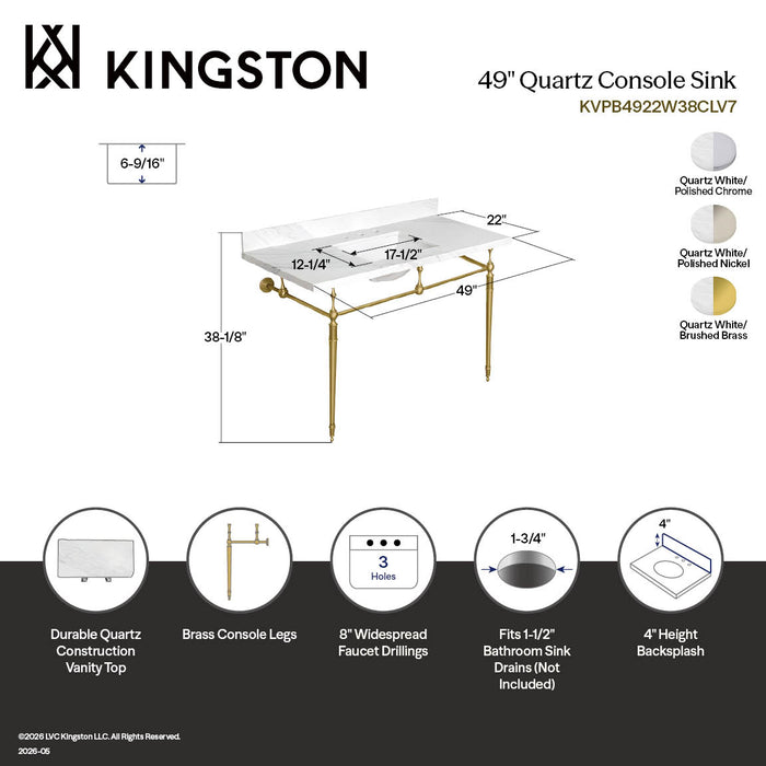 Kingston Mayorca KVPB4922W38CLV7 49-Inch Quartz Console Sink with Brass Legs (8-Inch, 3-Hole), Quartz White/Brushed Brass