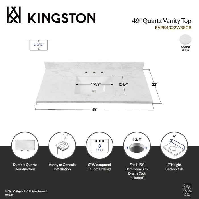Kingston Ferrara KVPB4922W38CR 31-Inch Carrara Quartz Vanity Top (8" Faucet Drillings), Quartz White
