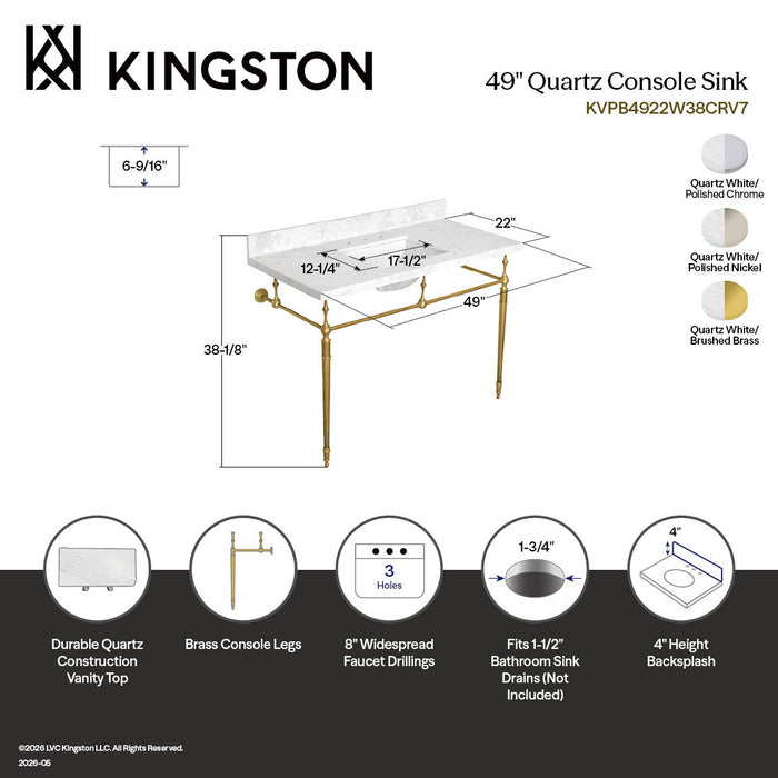 Kingston Mayorca KVPB4922W38CRV7 49-Inch Quartz Console Sink with Brass Legs (8-Inch, 3-Hole), Quartz White/Brushed Brass