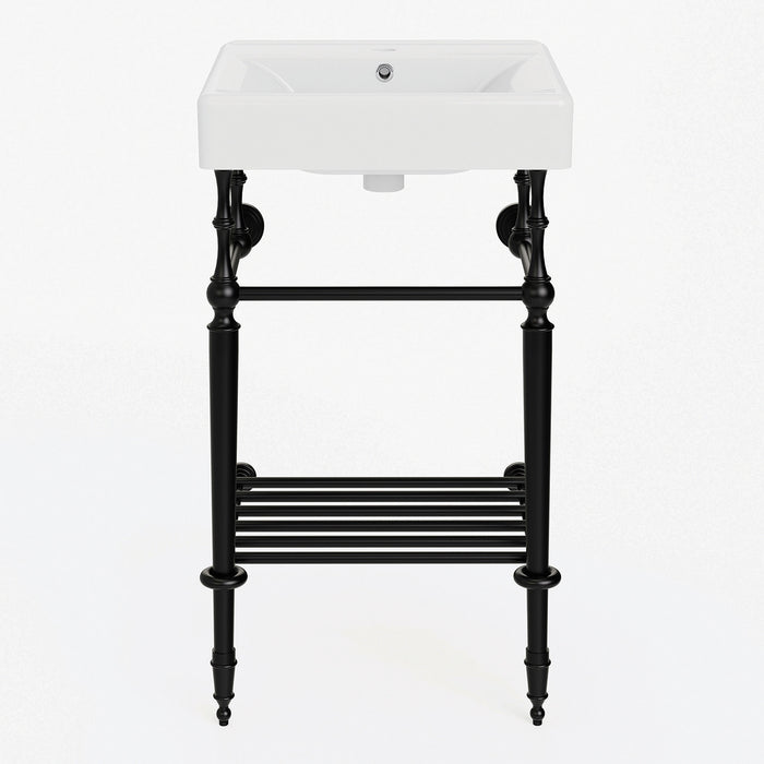 Kingston Edwardian KVPBH2018W10 20-Inch Ceramic Console Sink with Brass Legs and Shelf (1-Hole), White/Matte Black