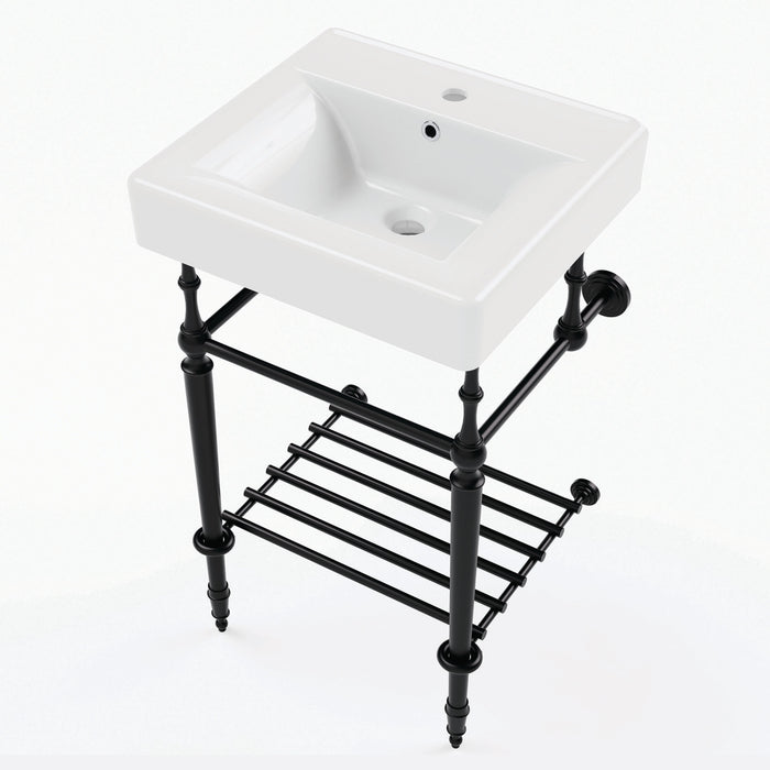 Kingston Edwardian KVPBH2018W10 20-Inch Ceramic Console Sink with Brass Legs and Shelf (1-Hole), White/Matte Black