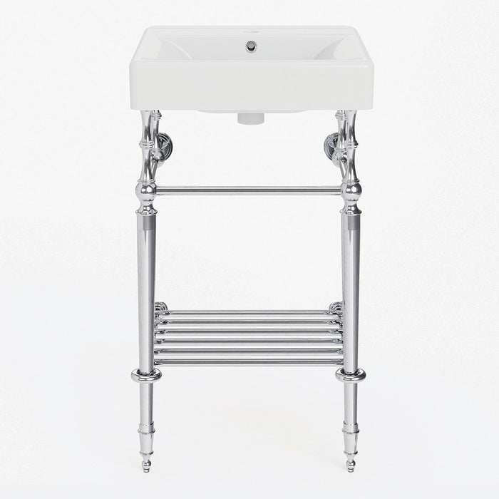 Kingston Edwardian KVPBH2018W11 20-Inch Ceramic Console Sink with Brass Legs and Shelf (1-Hole), White/Polished Chrome