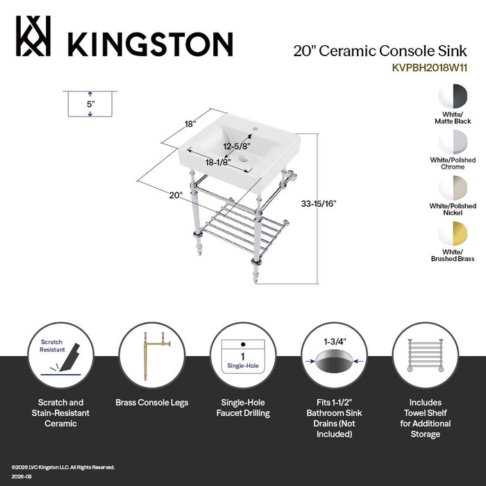 Kingston Edwardian KVPBH2018W11 20-Inch Ceramic Console Sink with Brass Legs and Shelf (1-Hole), White/Polished Chrome