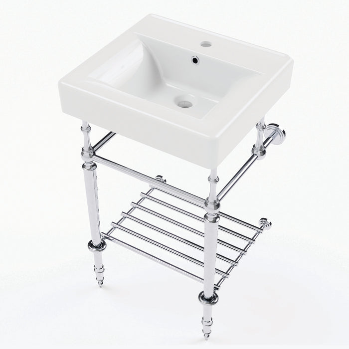 Kingston Edwardian KVPBH2018W11 20-Inch Ceramic Console Sink with Brass Legs and Shelf (1-Hole), White/Polished Chrome