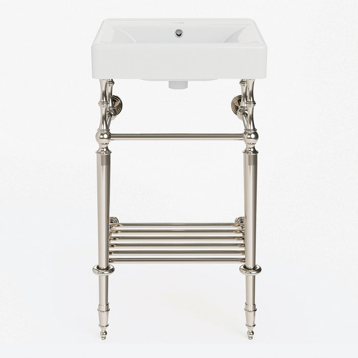 Kingston Edwardian KVPBH2018W16 20-Inch Ceramic Console Sink with Brass Legs and Shelf (1-Hole), White/Polished Nickel