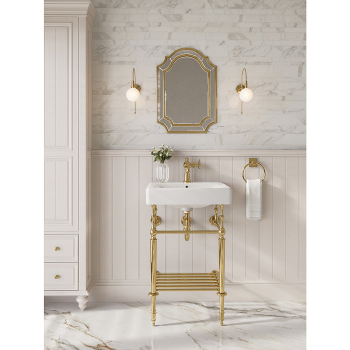 Kingston Edwardian KVPBH2018W16 20-Inch Ceramic Console Sink with Brass Legs and Shelf (1-Hole), White/Polished Nickel