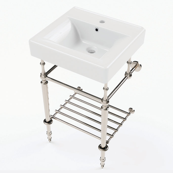 Kingston Edwardian KVPBH2018W16 20-Inch Ceramic Console Sink with Brass Legs and Shelf (1-Hole), White/Polished Nickel