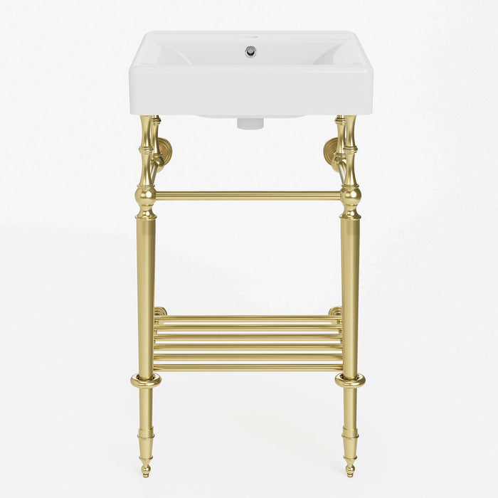 Kingston Edwardian KVPBH2018W17 20-Inch Ceramic Console Sink with Brass Legs and Shelf (1-Hole), White/Brushed Brass