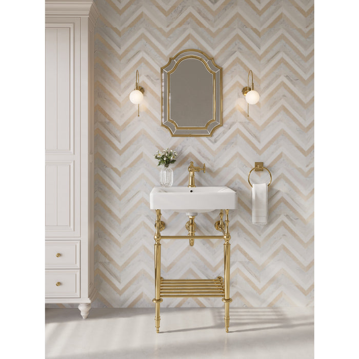 Kingston Edwardian KVPBH2018W17 20-Inch Ceramic Console Sink with Brass Legs and Shelf (1-Hole), White/Brushed Brass