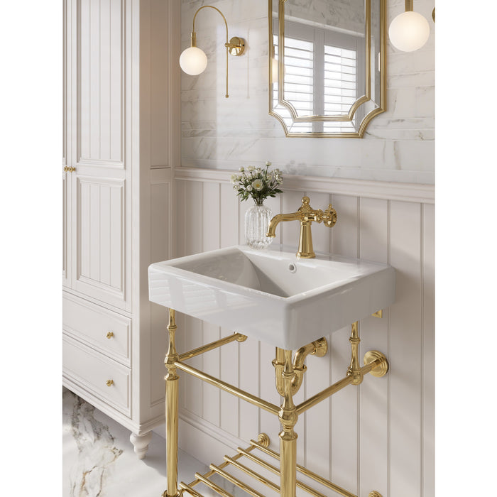 Kingston Edwardian KVPBH2018W17 20-Inch Ceramic Console Sink with Brass Legs and Shelf (1-Hole), White/Brushed Brass
