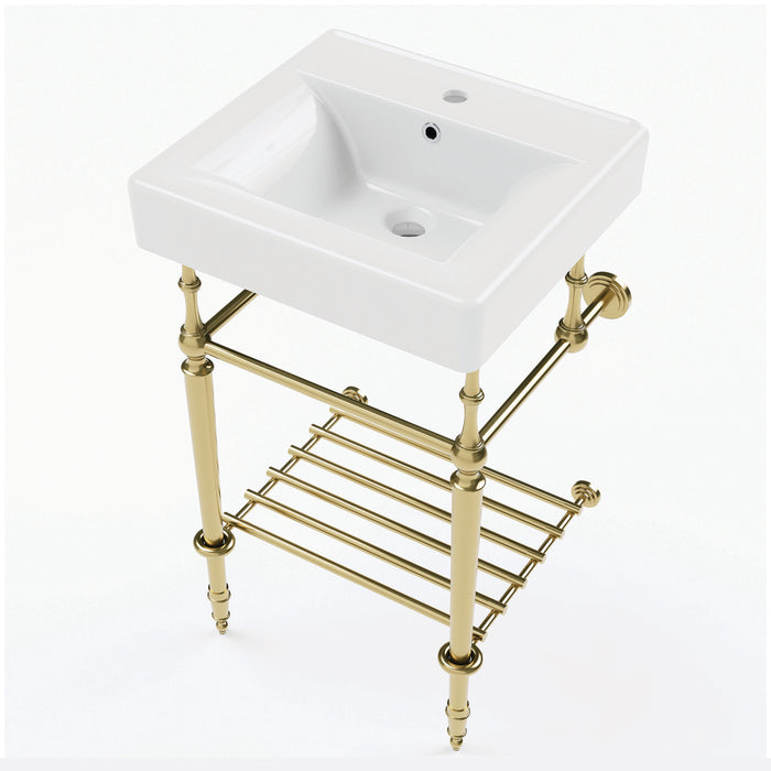 Kingston Edwardian KVPBH2018W17 20-Inch Ceramic Console Sink with Brass Legs and Shelf (1-Hole), White/Brushed Brass