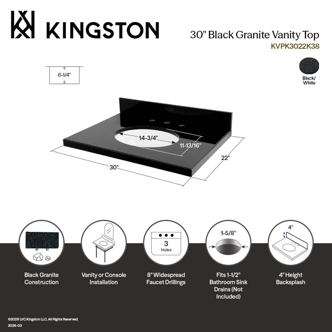 Templeton KVPK3022K38 30-Inch Black Granite Vanity Top (8" Faucet Drillings), Black/White - Thumbnail 5
