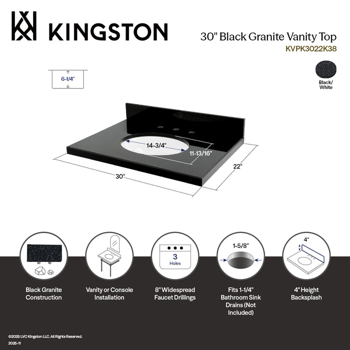 Templeton KVPK3022K38 30-Inch Black Granite Vanity Top (8" Faucet Drillings), Black/White