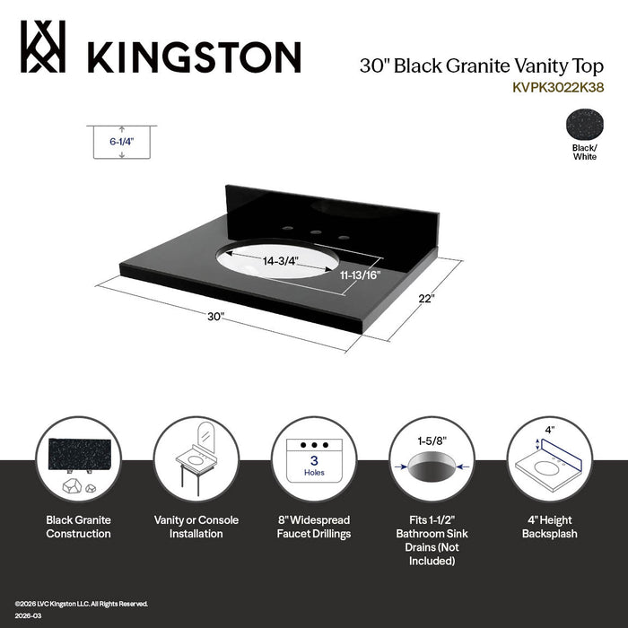 Kingston Tulare KVPK3022K38 - Templeton 30-Inch Black Granite Vanity Top (8" Faucet Drillings), Black/White