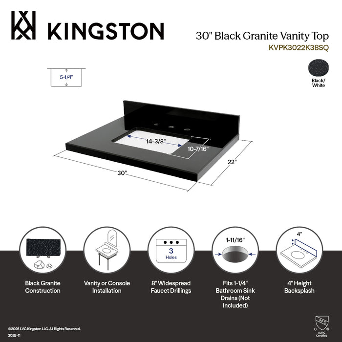 Templeton KVPK3022K38SQ 30-Inch Black Granite Vanity Top (8" Faucet Drillings), Black/White