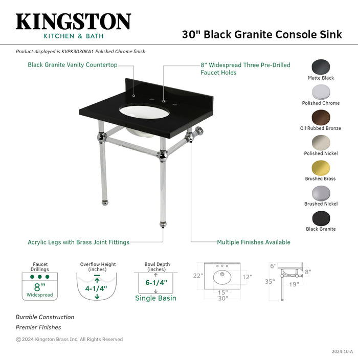 Kingston Tulare KVPK3030KA0 - Templeton 30-Inch Black Granite Console Sink with Acrylic Legs (8-Inch, 3-Hole), Black Granite/Matte Black
