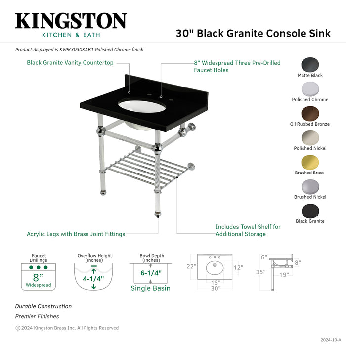 Kingston Tulare KVPK3030KAB1 - Templeton 30-Inch Black Granite Console Sink with Acrylic Legs and Shelf (8-Inch, 3-Hole), Black Granite/Polished Chrome