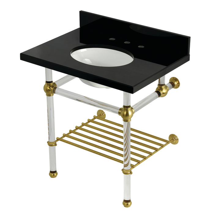 Kingston Tulare KVPK3030KAB7 - Templeton 30-Inch Black Granite Console Sink with Acrylic Legs and Shelf (8-Inch, 3-Hole), Black Granite/Brushed Brass