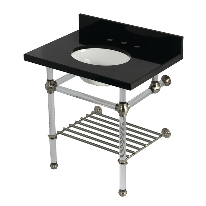 Kingston Tulare KVPK3030KAB8 - Templeton 30-Inch Black Granite Console Sink with Acrylic Legs and Shelf (8-Inch, 3-Hole), Black Granite/Brushed Nickel