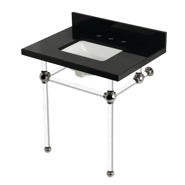 Kingston Tulare KVPK3030KASQ6 - Templeton 30-Inch Black Granite Console Sink with Acrylic Legs (8-Inch, 3-Hole), Black Granite/Polished Nickel