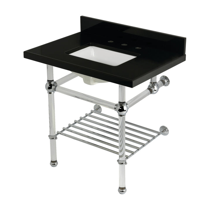 Kingston Tulare KVPK3030KASQB1 - Templeton 30-Inch Black Granite Console Sink with Acrylic Legs and Shelf (8-Inch, 3-Hole), Black Granite/Polished Chrome