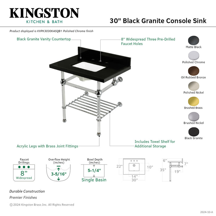 Kingston Tulare KVPK3030KASQB7 - Templeton 30-Inch Black Granite Console Sink with Acrylic Legs and Shelf (8-Inch, 3-Hole), Black Granite/Brushed Brass