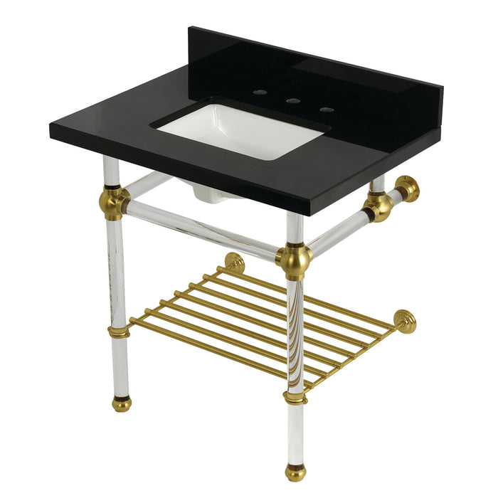 Kingston Tulare KVPK3030KASQB7 - Templeton 30-Inch Black Granite Console Sink with Acrylic Legs and Shelf (8-Inch, 3-Hole), Black Granite/Brushed Brass