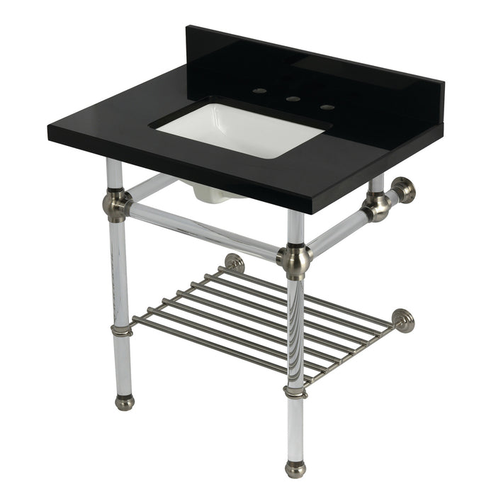 Kingston Tulare KVPK3030KASQB8 - Templeton 30-Inch Black Granite Console Sink with Acrylic Legs and Shelf (8-Inch, 3-Hole), Black Granite/Brushed Nickel