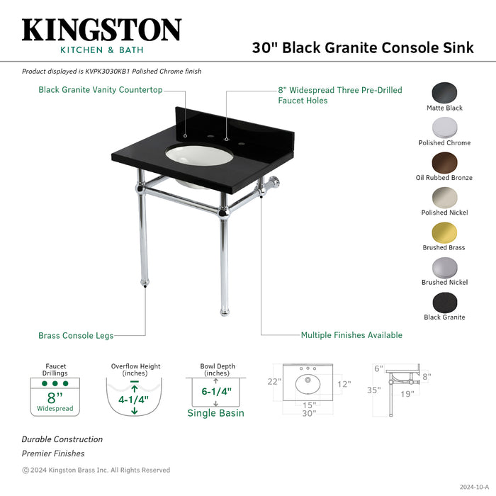 Kingston Heirloom KVPK3030KB7 - Templeton 30-Inch Black Granite Console Sink with Brass Legs (8-Inch, 3-Hole), Black Granite/Brushed Brass