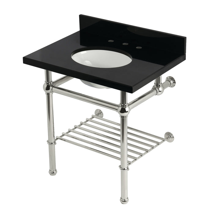 Kingston Heirloom KVPK3030KBB6 - Templeton 30-Inch Black Granite Console Sink with Brass Legs and Shelf (8-Inch, 3-Hole), Black Granite/Polished Nickel