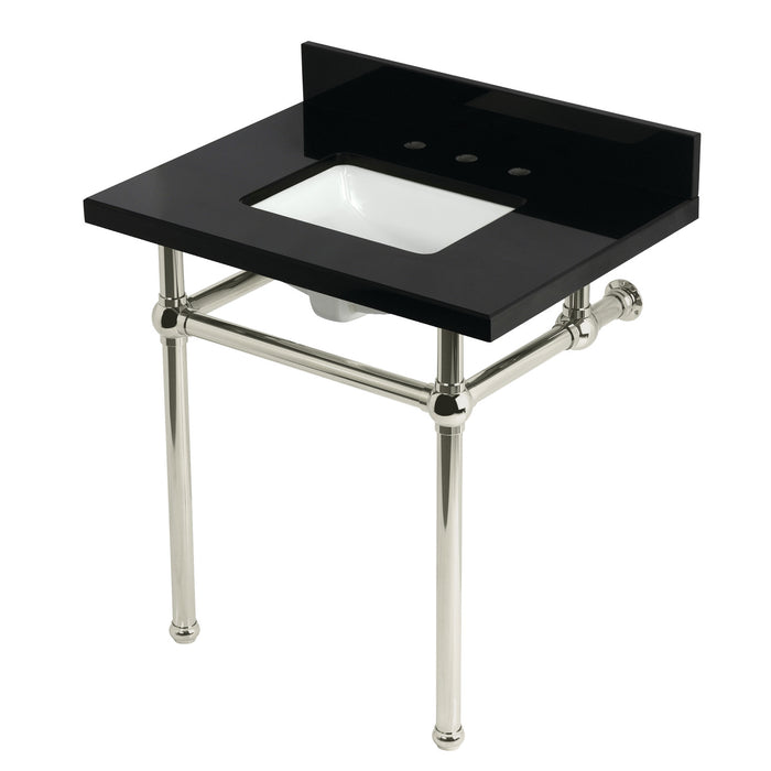 Kingston Heirloom KVPK3030KBSQ6 - Templeton 30-Inch Black Granite Console Sink with Brass Legs (8-Inch, 3-Hole), Black Granite/Polished Nickel