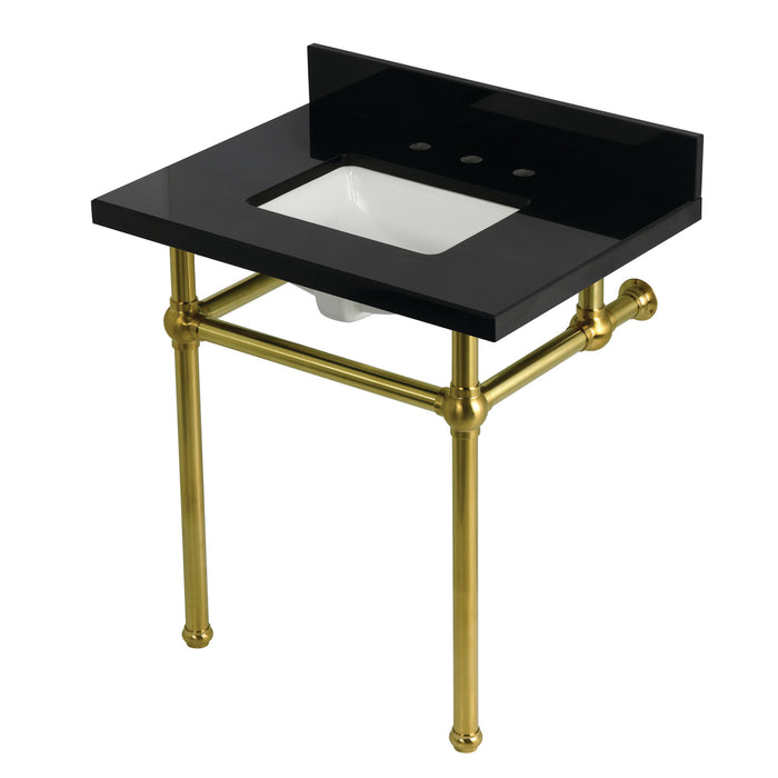 Kingston Heirloom KVPK3030KBSQ7 - Templeton 30-Inch Black Granite Console Sink with Brass Legs (8-Inch, 3-Hole), Black Granite/Brushed Brass