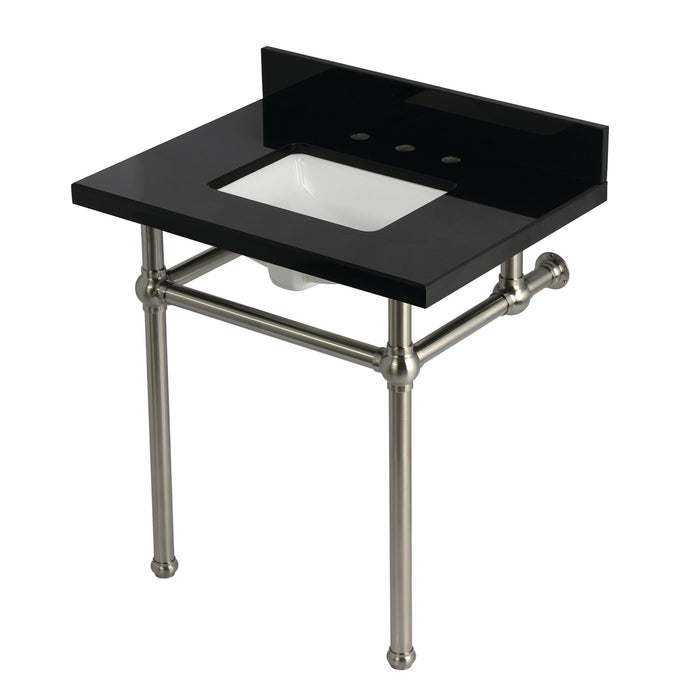 Kingston Heirloom KVPK3030KBSQ8 - Templeton 30-Inch Black Granite Console Sink with Brass Legs (8-Inch, 3-Hole), Black Granite/Brushed Nickel