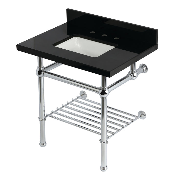 Kingston Heirloom KVPK3030KBSQB1 - Templeton 30-Inch Black Granite Console Sink with Brass Legs and Shelf (8-Inch, 3-Hole), Black Granite/Polished Chrome