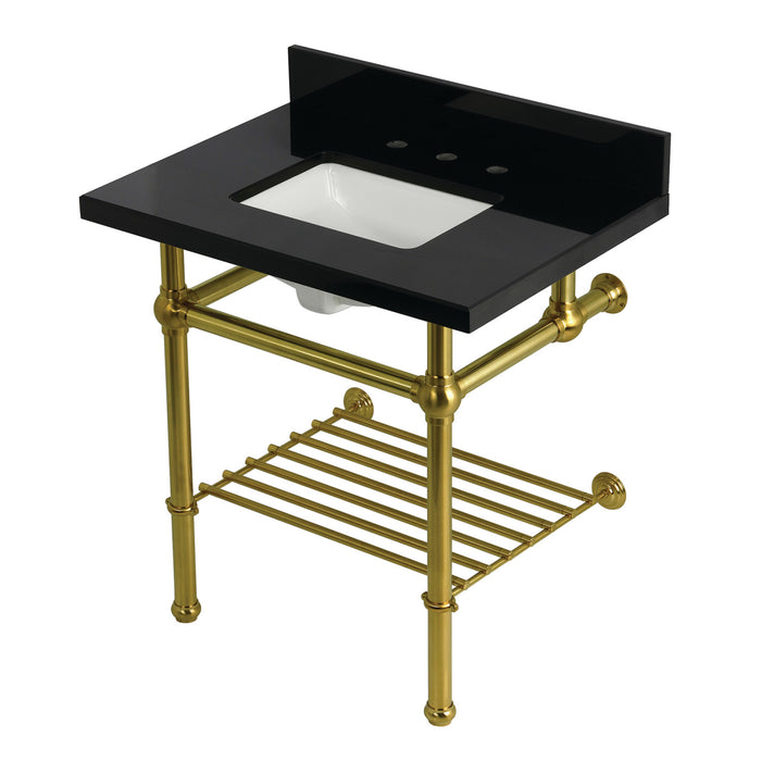 Kingston Heirloom KVPK3030KBSQB7 - Templeton 30-Inch Black Granite Console Sink with Brass Legs and Shelf (8-Inch, 3-Hole), Black Granite/Brushed Brass