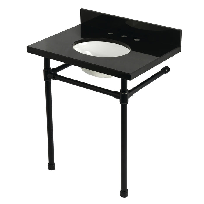 Kingston Tulare KVPK30K80ST - Dreyfuss 30-Inch Black Granite Console Sink with Stainless Steel Legs (8-Inch, 3-Hole), Black Granite/Matte Black