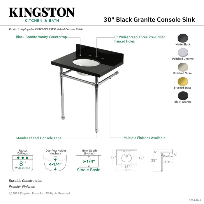 Kingston Tulare KVPK30K87ST - Dreyfuss 30-Inch Black Granite Console Sink with Stainless Steel Legs (8-Inch, 3-Hole), Black Granite/Brushed Brass