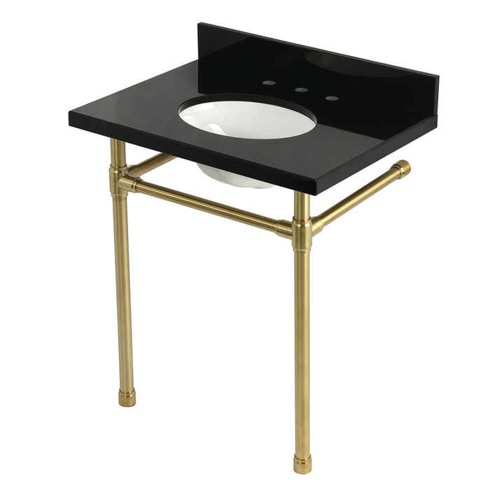 Kingston Tulare KVPK30K87ST - Dreyfuss 30-Inch Black Granite Console Sink with Stainless Steel Legs (8-Inch, 3-Hole), Black Granite/Brushed Brass