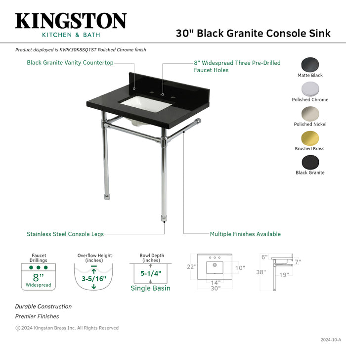 Kingston Tulare KVPK30K8SQ1ST - Dreyfuss 30-Inch Black Granite Console Sink with Stainless Steel Legs (8-Inch, 3-Hole), Black Granite/Polished Chrome