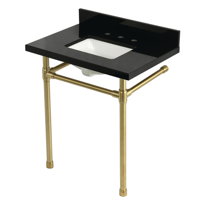 Kingston Tulare KVPK30K8SQ7ST - Dreyfuss 30-Inch Black Granite Console Sink with Stainless Steel Legs (8-Inch, 3-Hole), Black Granite/Brushed Brass