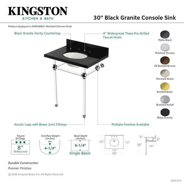 Kingston Tulare KVPK30KA6 - Templeton 30-Inch Black Granite Console Sink with Acrylic Legs (8-Inch, 3-Hole), Black Granite/Polished Nickel