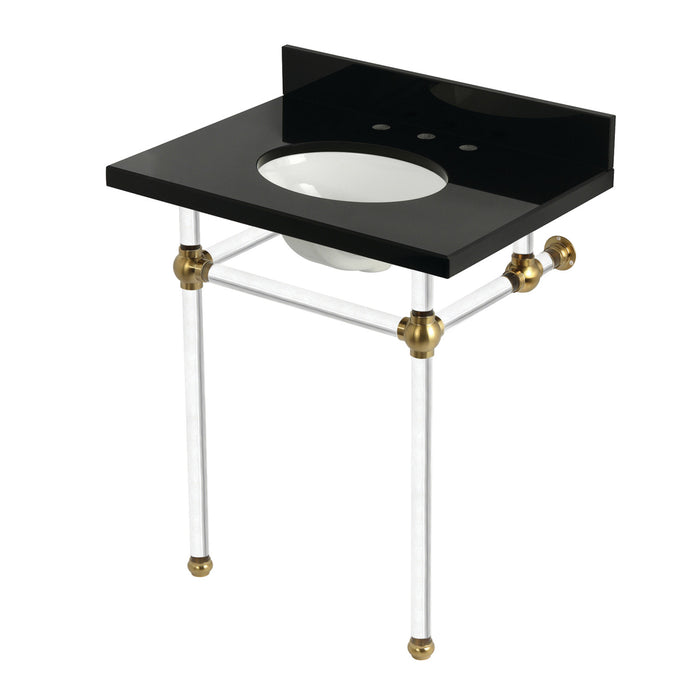 Kingston Tulare KVPK30KA7 - Templeton 30-Inch Black Granite Console Sink with Acrylic Legs (8-Inch, 3-Hole), Black Granite/Brushed Brass